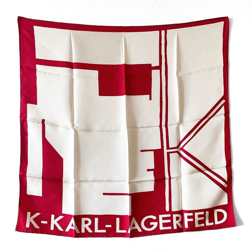 KARL LAGERFELD Red and White Graphic Print Hand Rolled Silk Designer Scarf